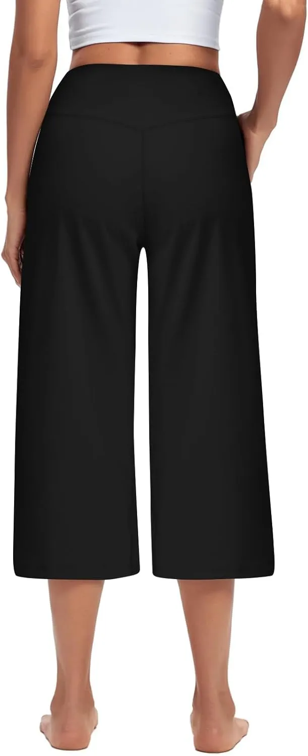 Capri Yoga Pants for Women Stretch High Waisted Wide Leg Pull on Capris Workout Athletic Work Pants with Pockets