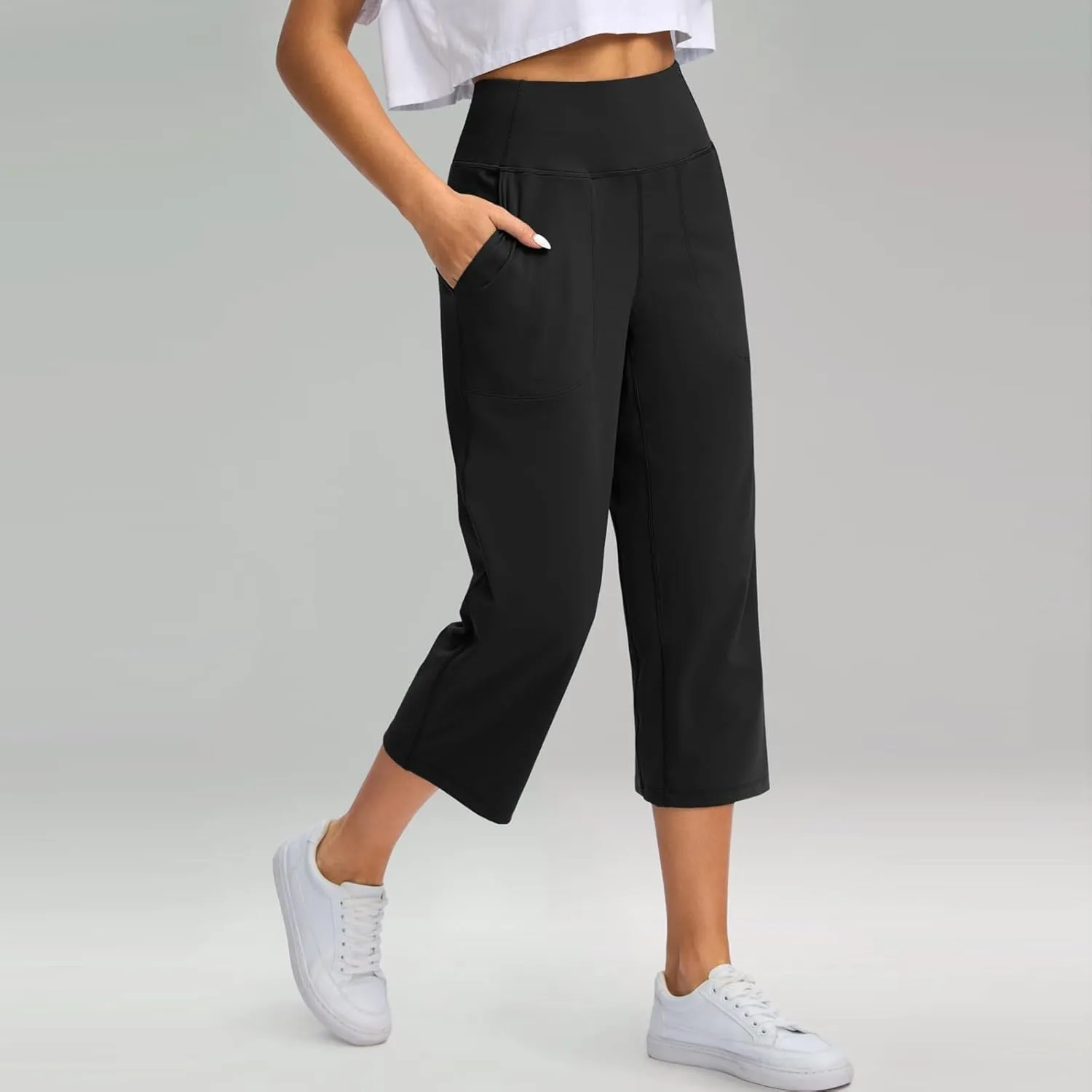 Capri Yoga Pants for Women Stretch High Waisted Wide Leg Pull on Capris Workout Athletic Work Pants with Pockets