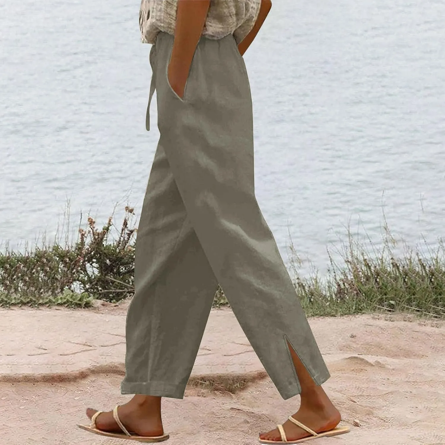 Capris Pants for Women Casual Cotton Linen Elastic Loose Pants Drawstring Straight Wide Leg Trousers with Pocket White 2X