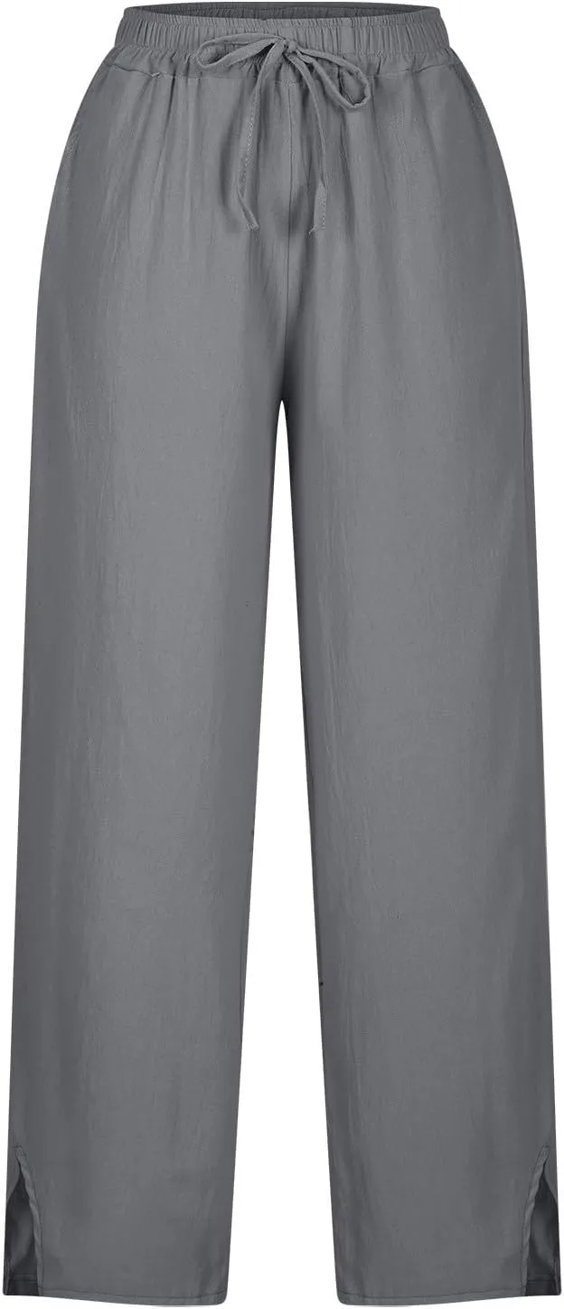 Capris Pants for Women Casual Cotton Linen Elastic Loose Pants Drawstring Straight Wide Leg Trousers with Pocket White 2X