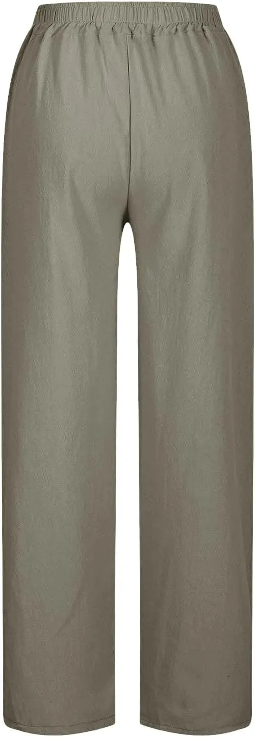 Capris Pants for Women Casual Cotton Linen Elastic Loose Pants Drawstring Straight Wide Leg Trousers with Pocket White 2X
