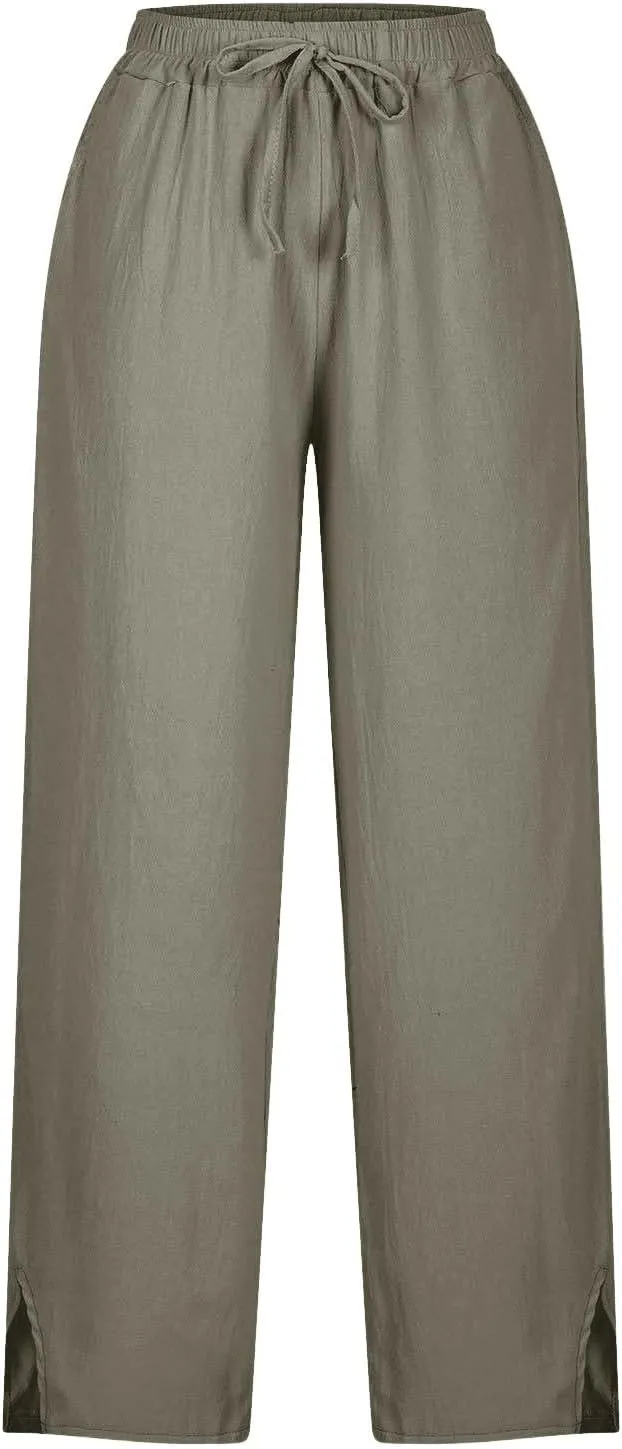 Capris Pants for Women Casual Cotton Linen Elastic Loose Pants Drawstring Straight Wide Leg Trousers with Pocket White 2X