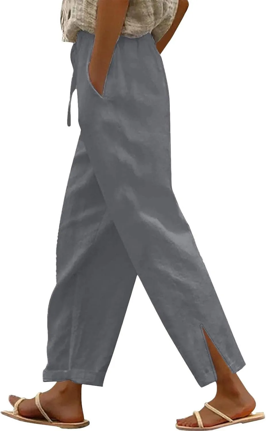Capris Pants for Women Casual Cotton Linen Elastic Loose Pants Drawstring Straight Wide Leg Trousers with Pocket White 2X