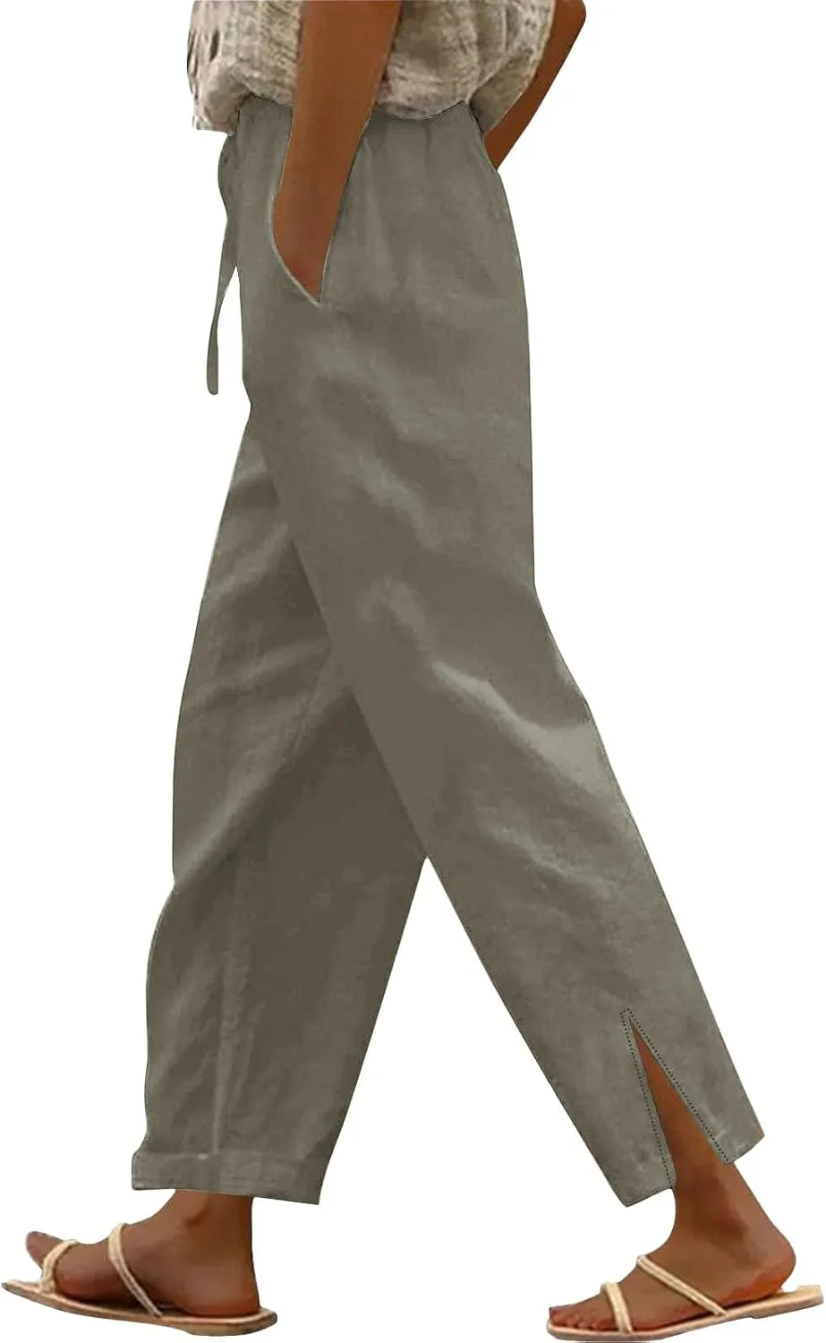 Capris Pants for Women Casual Cotton Linen Elastic Loose Pants Drawstring Straight Wide Leg Trousers with Pocket White 2X