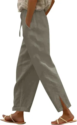 Capris Pants for Women Casual Cotton Linen Elastic Loose Pants Drawstring Straight Wide Leg Trousers with Pocket White 2X