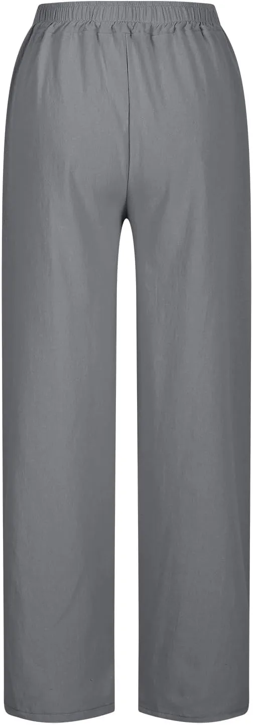 Capris Pants for Women Casual Cotton Linen Elastic Loose Pants Drawstring Straight Wide Leg Trousers with Pocket White 2X