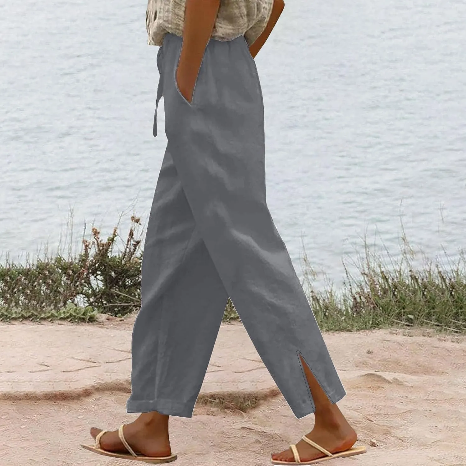 Capris Pants for Women Casual Cotton Linen Elastic Loose Pants Drawstring Straight Wide Leg Trousers with Pocket White 2X