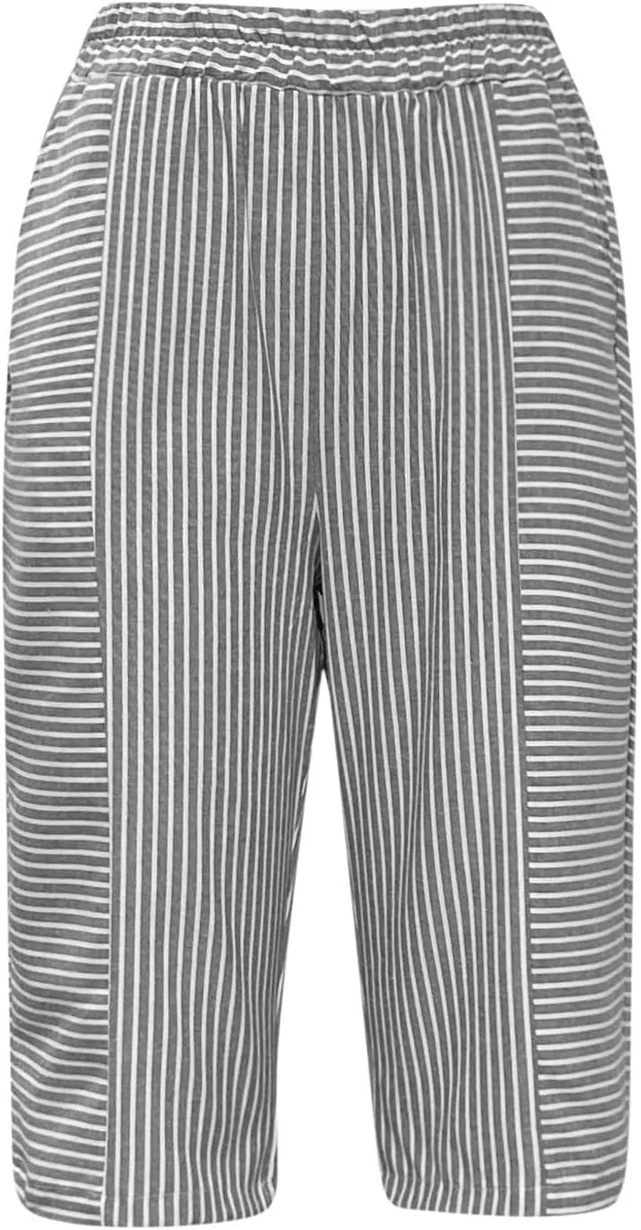 Capris With Pockets For Women Cotton Linen Knee Length Bermuda Shorts Summer Vacation Drawstring Cropped Trousers