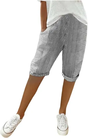 Capris With Pockets For Women Cotton Linen Knee Length Bermuda Shorts Summer Vacation Drawstring Cropped Trousers