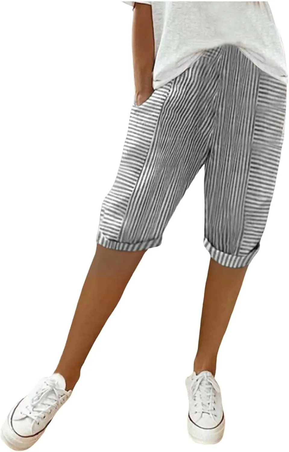 Capris With Pockets For Women Cotton Linen Knee Length Bermuda Shorts Summer Vacation Drawstring Cropped Trousers
