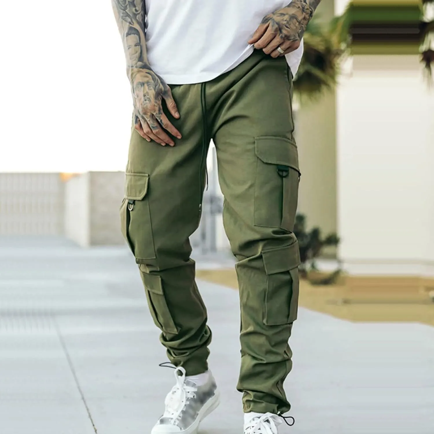 Cargo Pants for Men Big and Tall Striped Cargo Pants for Men Straight Elastic Waist Trousers Work Wear Combat Fitness