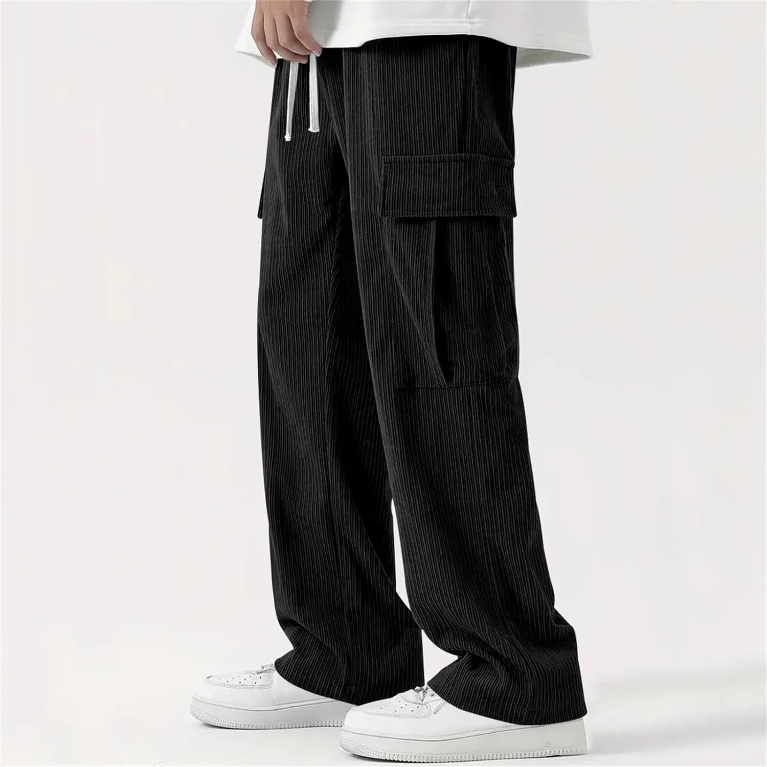 Cargo Pants for Men Corduroy Straight Wide Leg Casual Lightweight Breathable Loose Fit Trendy Soild Trousers Outdoor