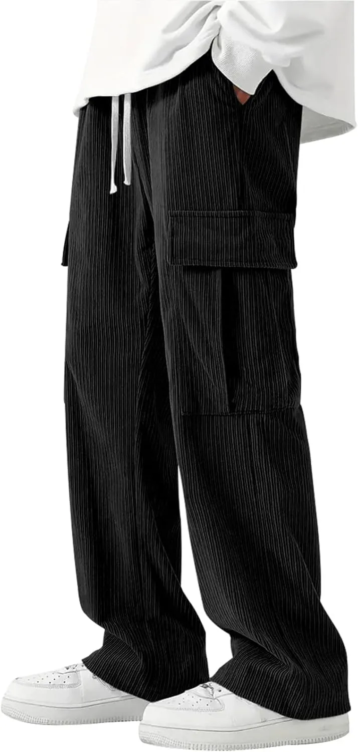 Cargo Pants for Men Corduroy Straight Wide Leg Casual Lightweight Breathable Loose Fit Trendy Soild Trousers Outdoor