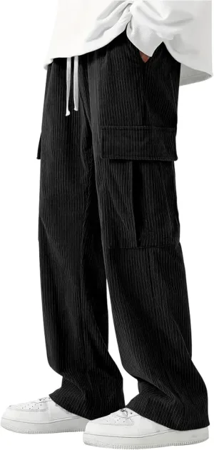 Cargo Pants for Men Corduroy Straight Wide Leg Casual Lightweight Breathable Loose Fit Trendy Soild Trousers Outdoor