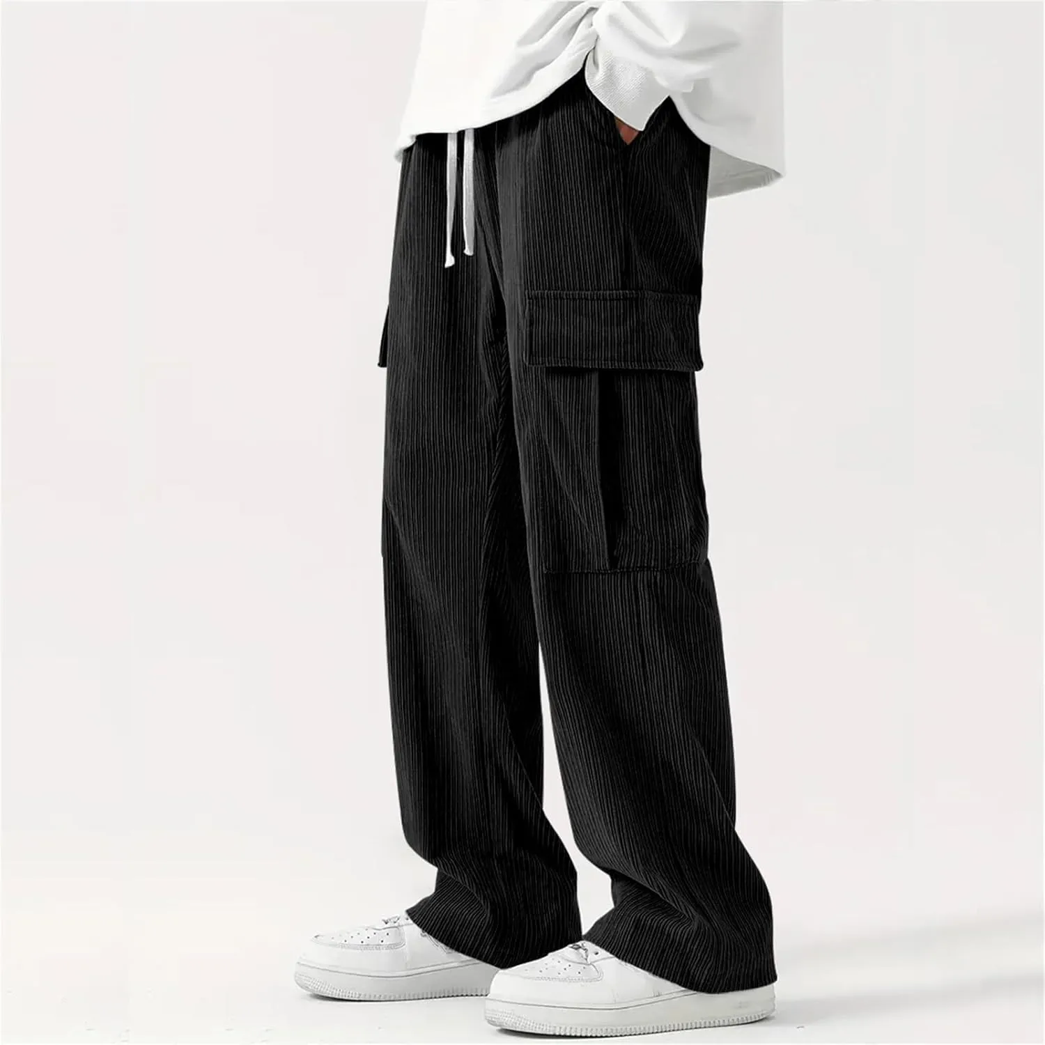 Cargo Pants for Men Corduroy Straight Wide Leg Casual Lightweight Breathable Loose Fit Trendy Soild Trousers Outdoor