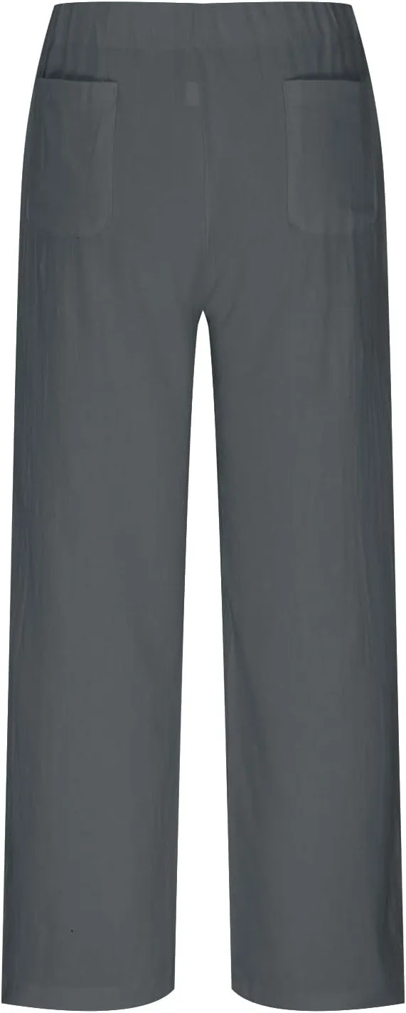 Casual High Waist Pants for Women, Cotton Linen Elastic Waist Palazzo Trousers Flowy Loose Wide Leg Slacks Plus Size
