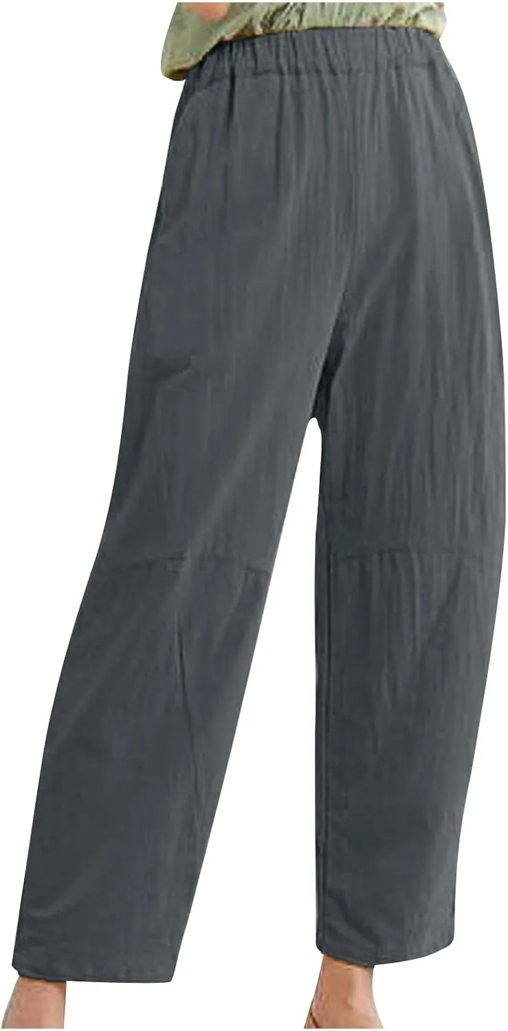 Casual High Waist Pants for Women, Cotton Linen Elastic Waist Palazzo Trousers Flowy Loose Wide Leg Slacks Plus Size