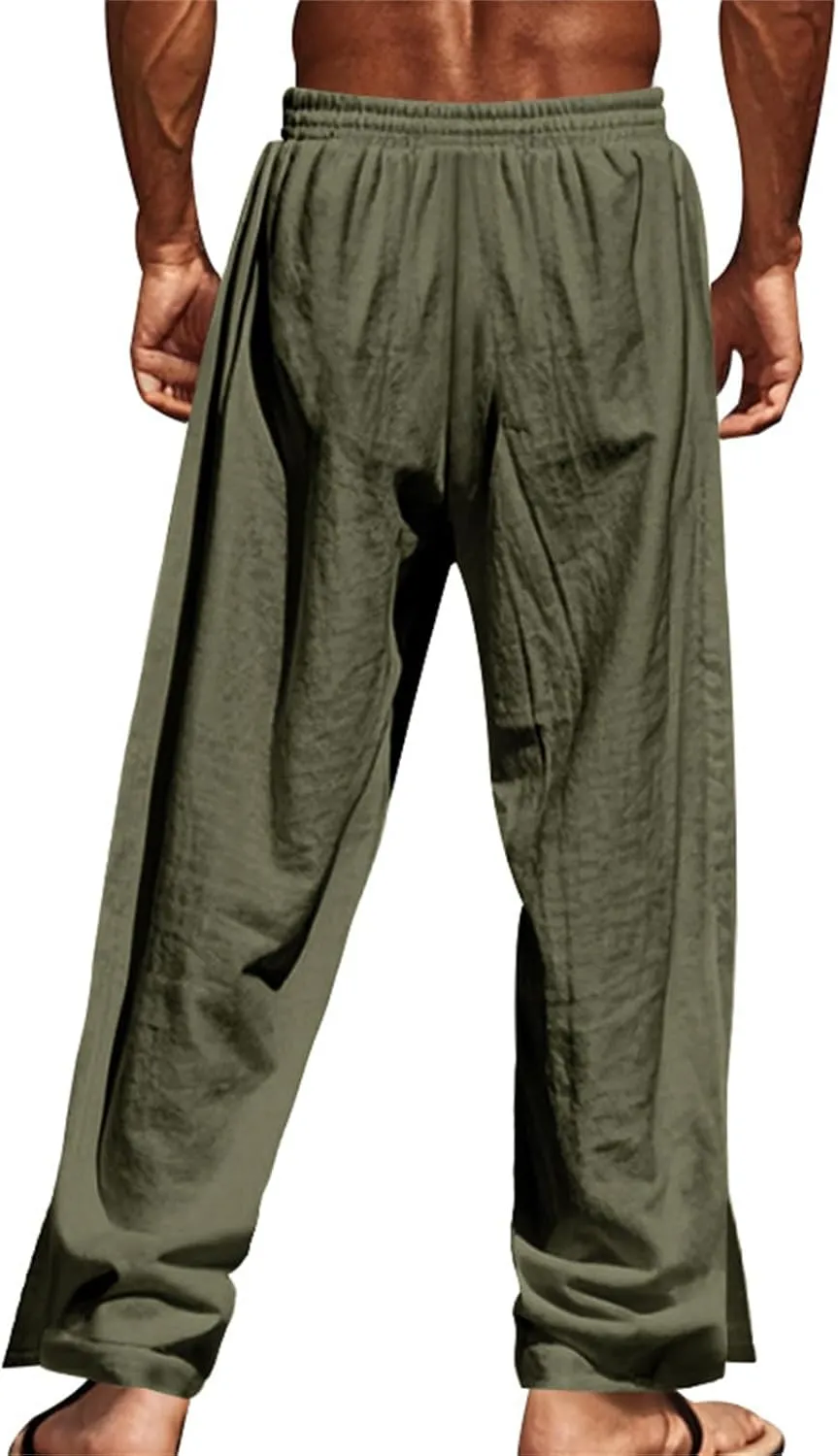 Casual Linen Pants for Men Side Button Elastic Waist Trousers Drawstring Open Bottom Pants Summer Baggy Thin Trousers