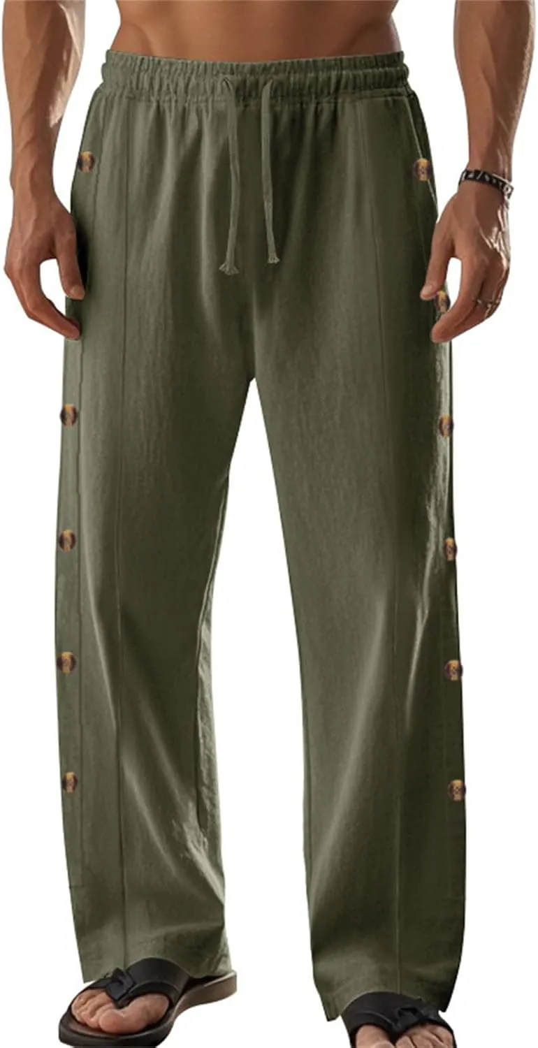 Casual Linen Pants for Men Side Button Elastic Waist Trousers Drawstring Open Bottom Pants Summer Baggy Thin Trousers