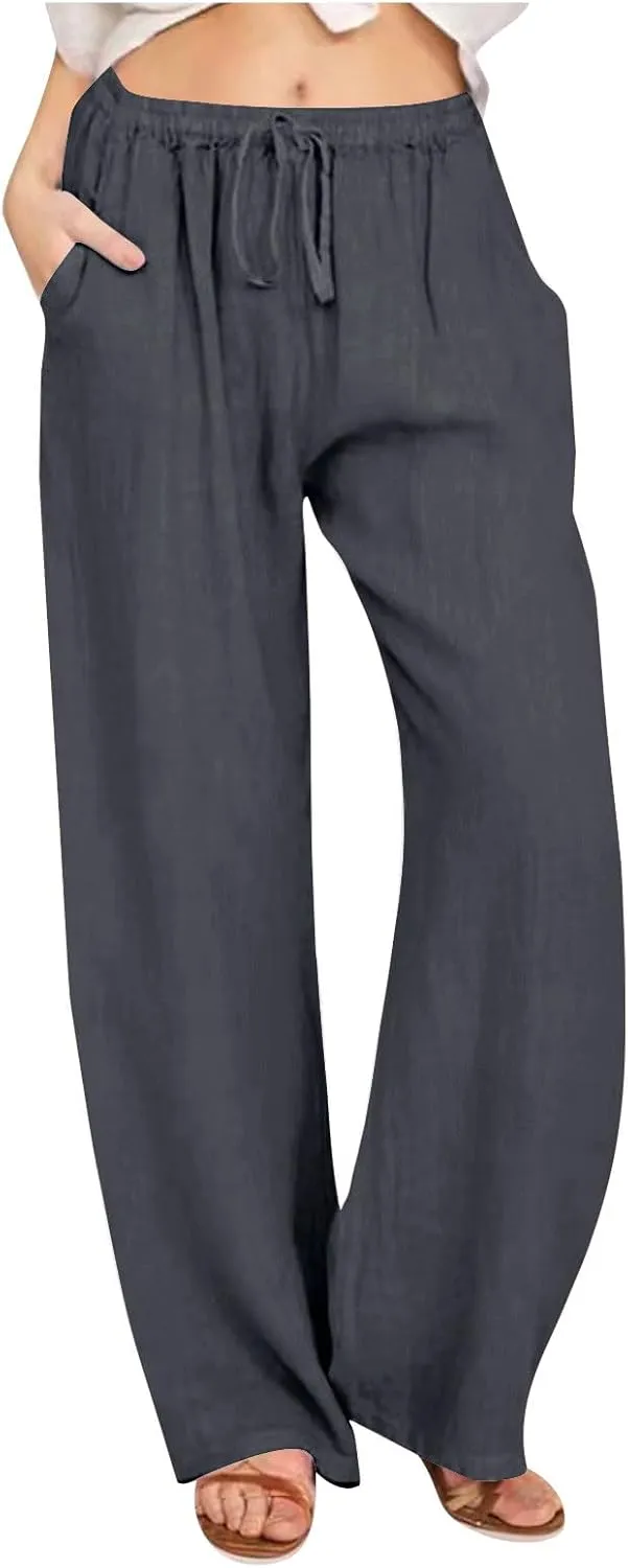 Casual Pants for Women 2025 Summer Cotton Linen Wide Leg Boho High Elastic Waist Lounge Long Trousers with Pockets