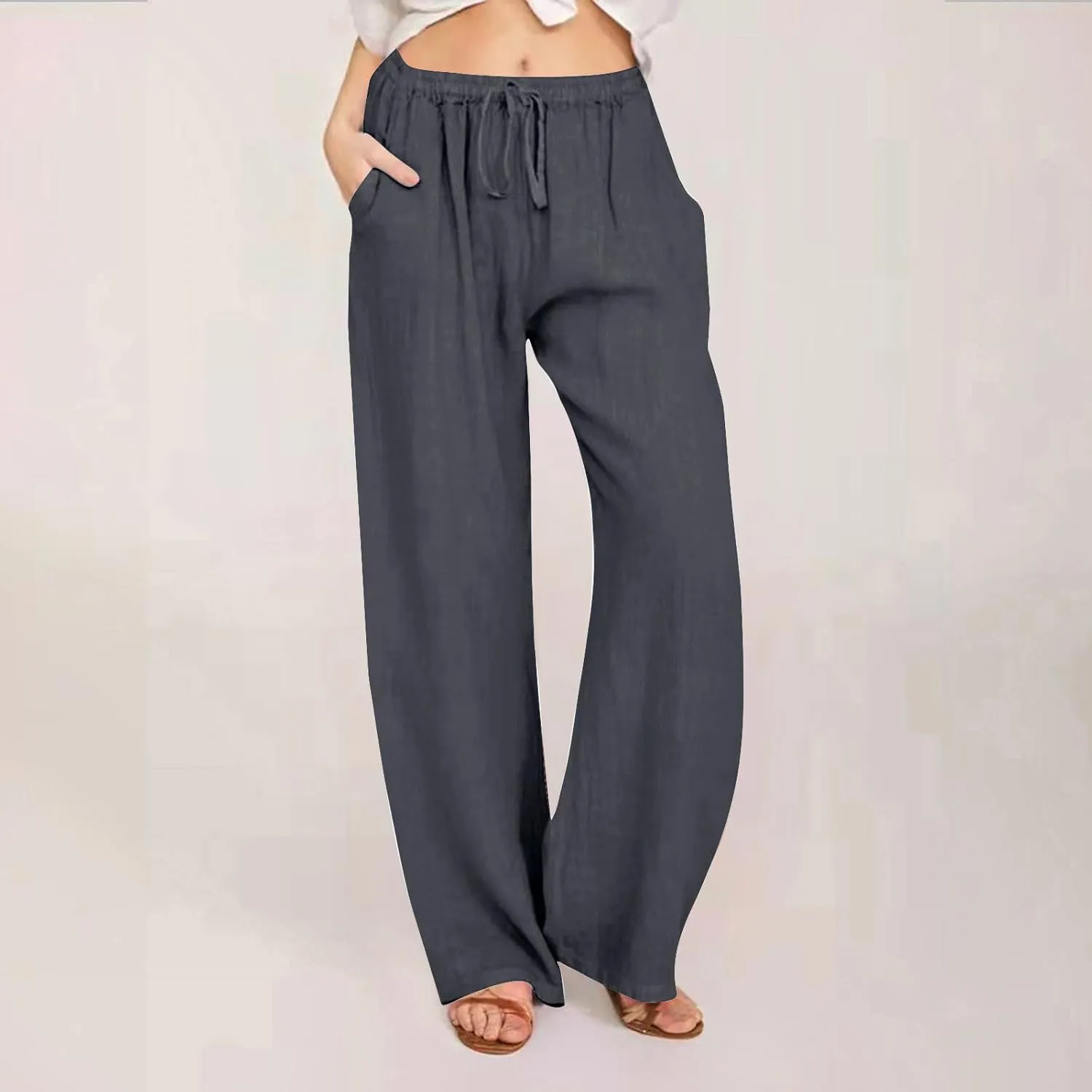 Casual Pants for Women 2025 Summer Cotton Linen Wide Leg Boho High Elastic Waist Lounge Long Trousers with Pockets