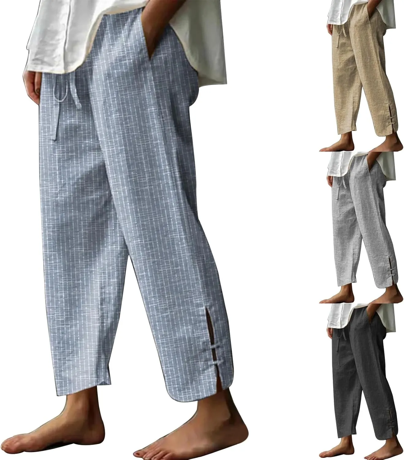 Casual Striped Linen Capris for Women Summer Wide Leg Cropped Lounge Pants Summer Beach Trousers Outfits with Pockets