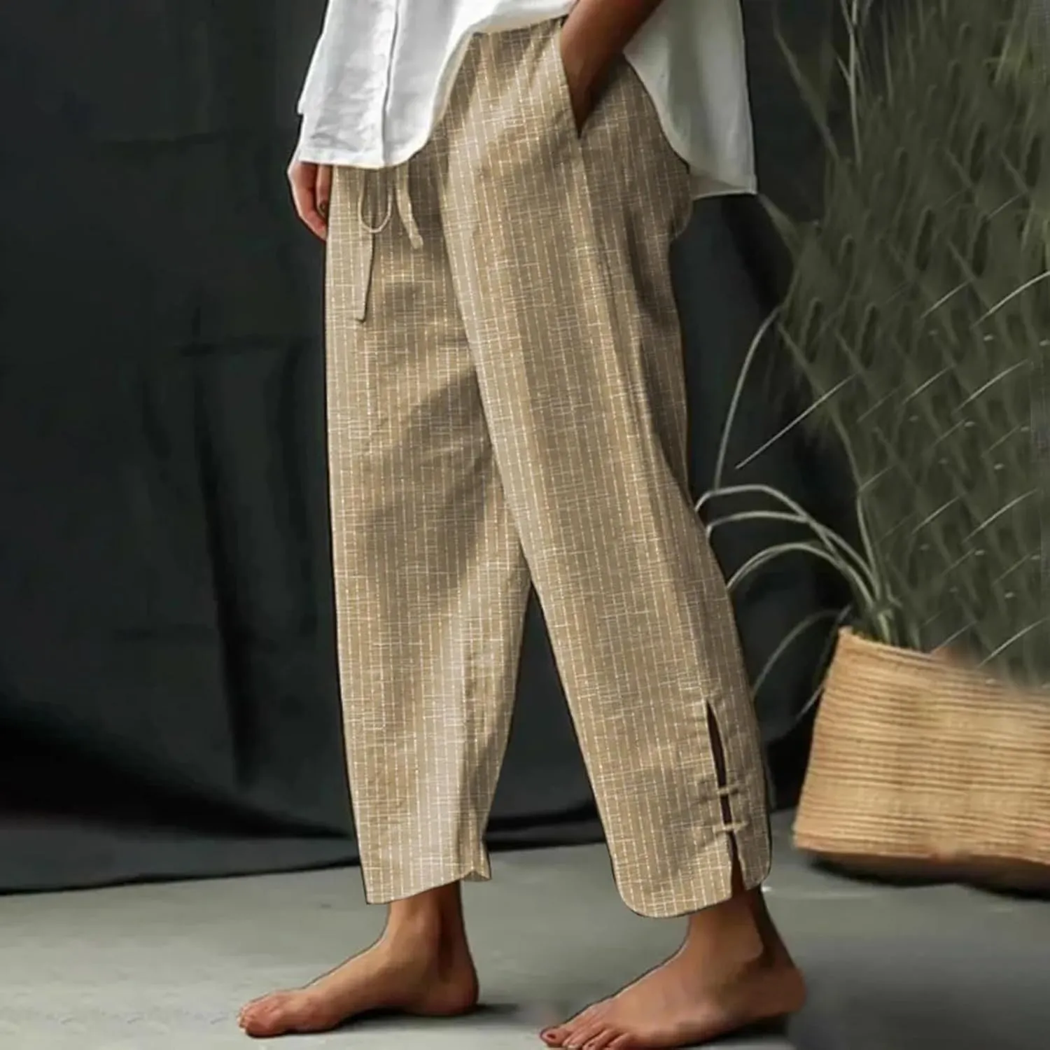 Casual Striped Linen Capris for Women Summer Wide Leg Cropped Lounge Pants Summer Beach Trousers Outfits with Pockets