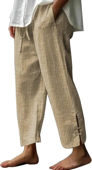 Casual Striped Linen Capris for Women Summer Wide Leg Cropped Lounge Pants Summer Beach Trousers Outfits with Pockets