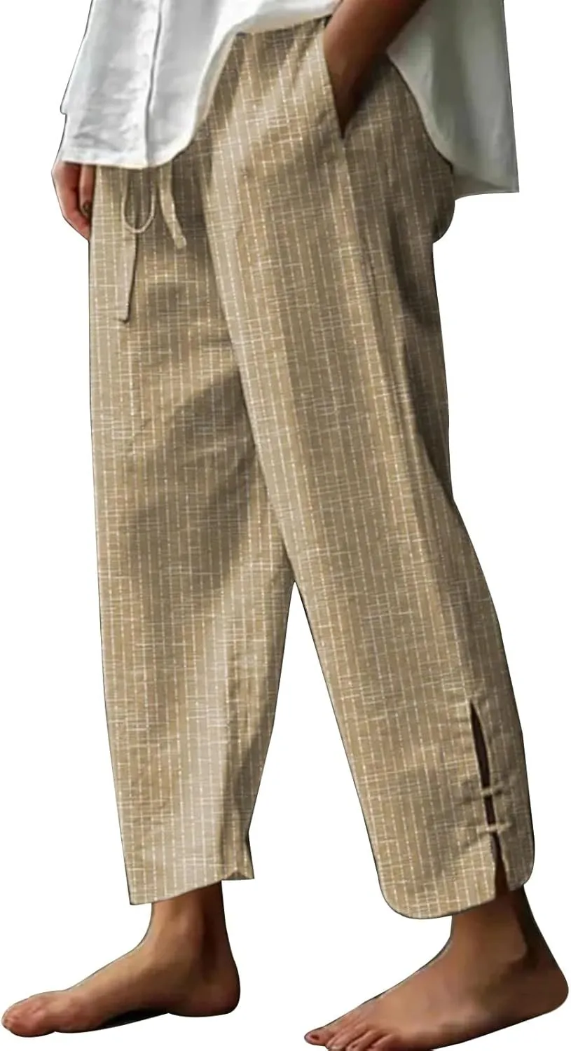 Casual Striped Linen Capris for Women Summer Wide Leg Cropped Lounge Pants Summer Beach Trousers Outfits with Pockets