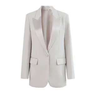 Classic Satin Lapel Strong Shoulder Long Sleeve One Button Tailored Blazer