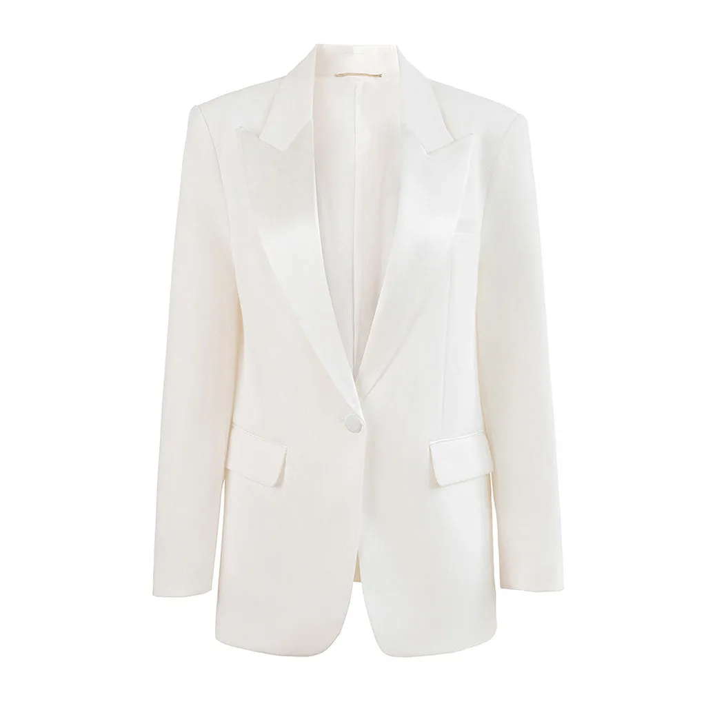 Classic Satin Lapel Strong Shoulder Long Sleeve One Button Tailored Blazer