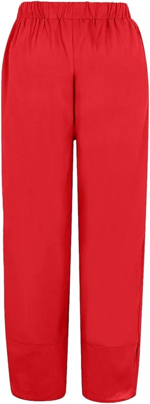 Comfort Slacks Women's Elastic High Waist Loose Casual Sports Trousers Pocket Solid Soft Cropped Pants,Red,S