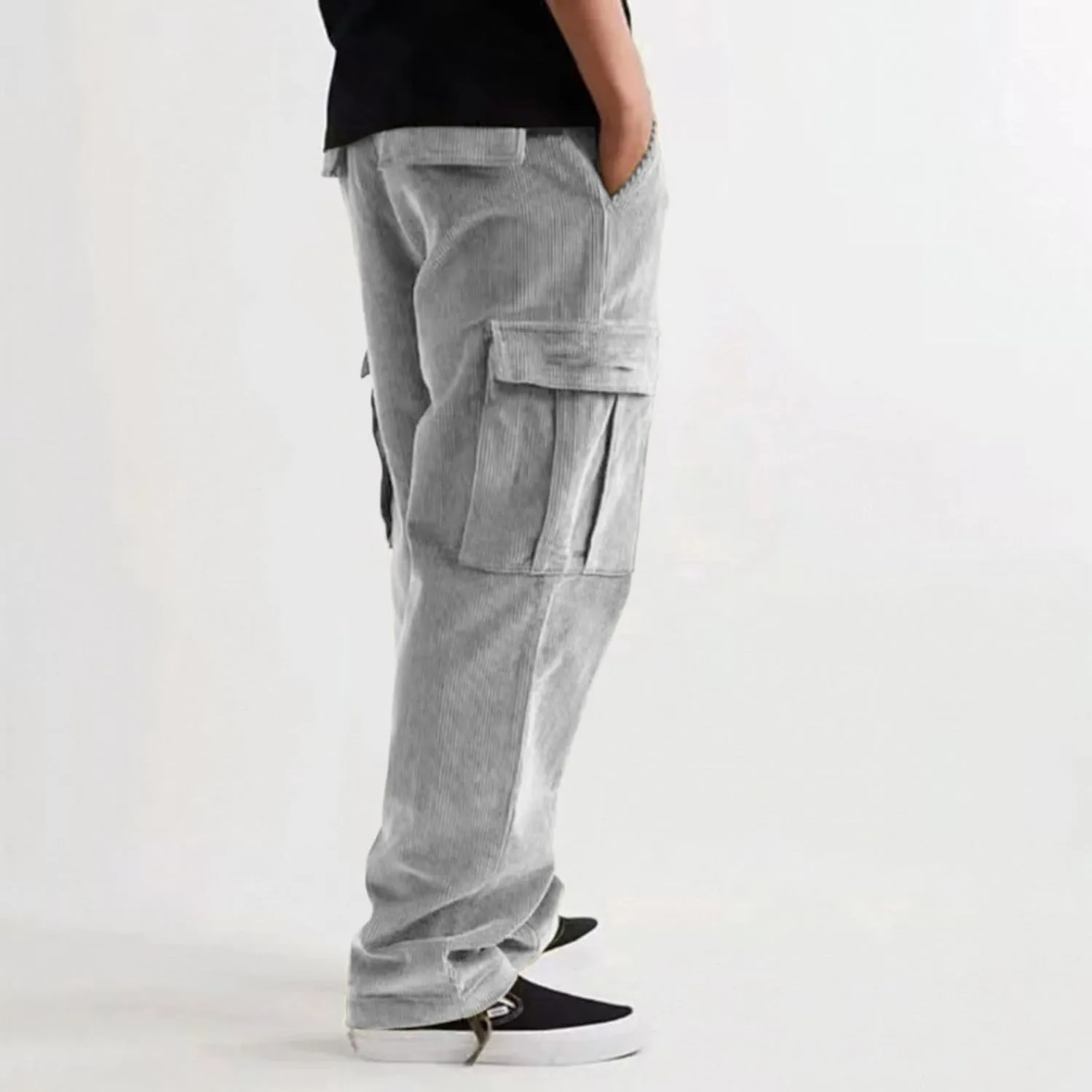 Corduroy Cargo Pants Men Baggy Wide Leg Sweatpants Basic Joggers Elastic Drawstring Lightweight Trousers 2025 Slacks