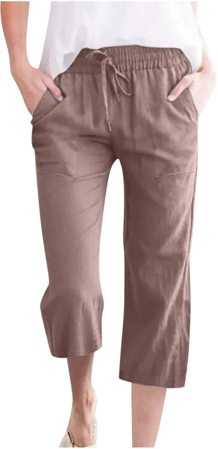 Cotton Linen Capri Pants for Women Casual Summer Straight Wide Leg Palazzo Capris Loose Comfy Beach Cropped Trousers