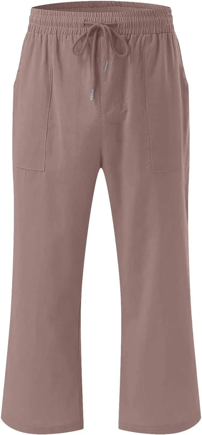 Cotton Linen Capri Pants for Women Casual Summer Straight Wide Leg Palazzo Capris Loose Comfy Beach Cropped Trousers