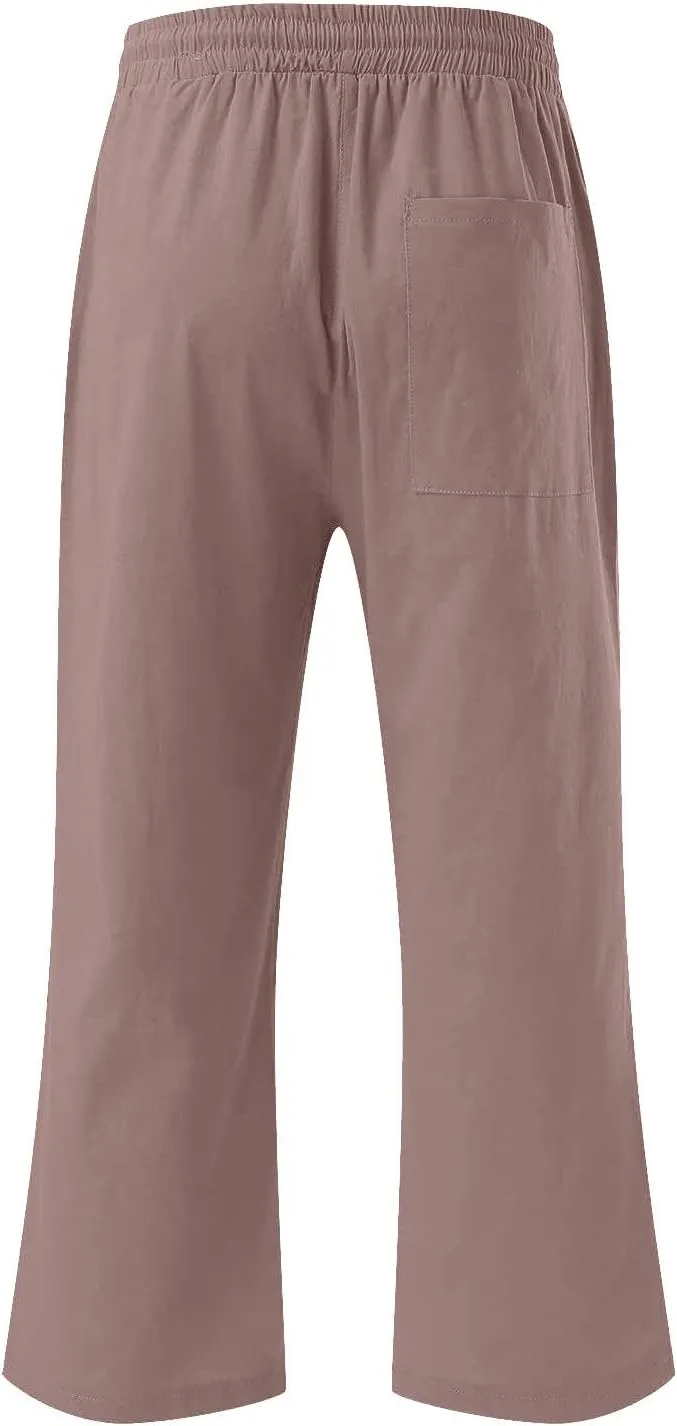 Cotton Linen Capri Pants for Women Casual Summer Straight Wide Leg Palazzo Capris Loose Comfy Beach Cropped Trousers