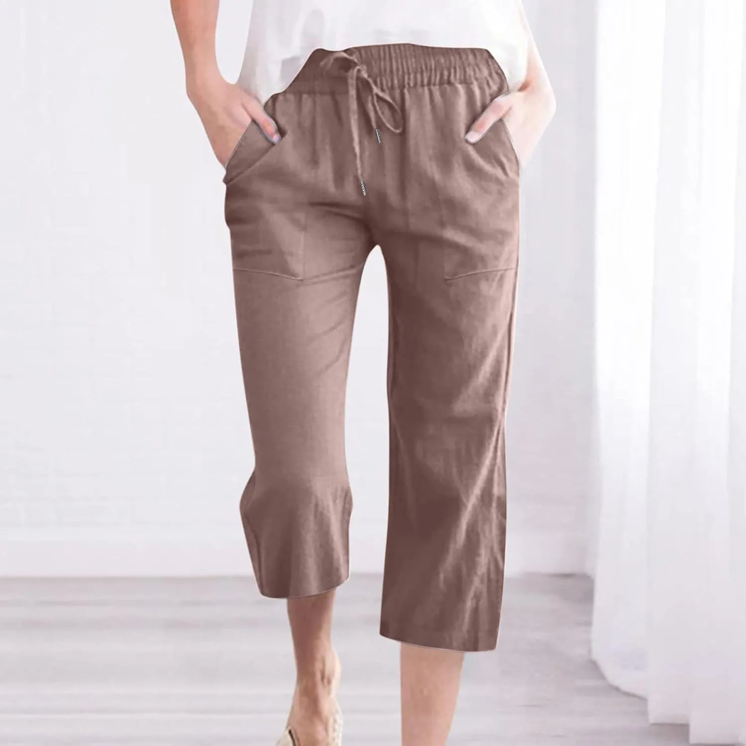 Cotton Linen Capri Pants for Women Casual Summer Straight Wide Leg Palazzo Capris Loose Comfy Beach Cropped Trousers