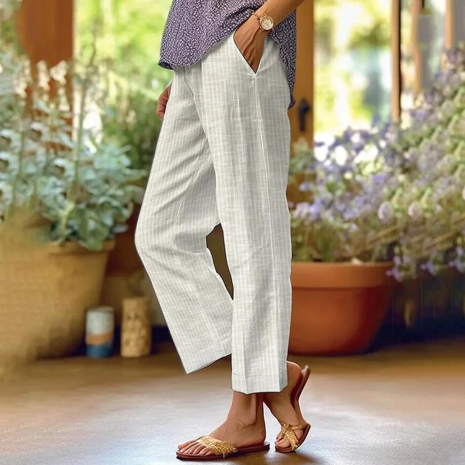 Cotton Linen Capris Pants for Womens 2025 Knee Length Summer Straight Leg Loose Beach Shorts Trouser with Pocket