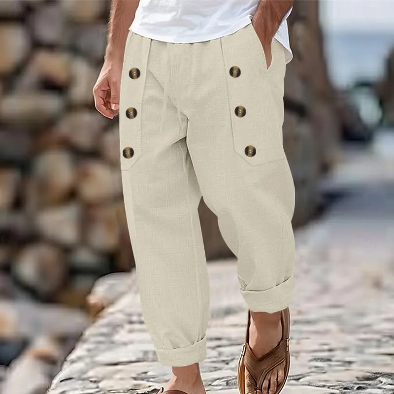 Cotton Linen Pants for Men Button Straight Wide Leg Casual Loose Fit Lightweight Solid Pants Outdoor Beach Trousers
