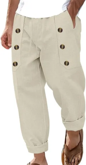 Cotton Linen Pants for Men Button Straight Wide Leg Casual Loose Fit Lightweight Solid Pants Outdoor Beach Trousers