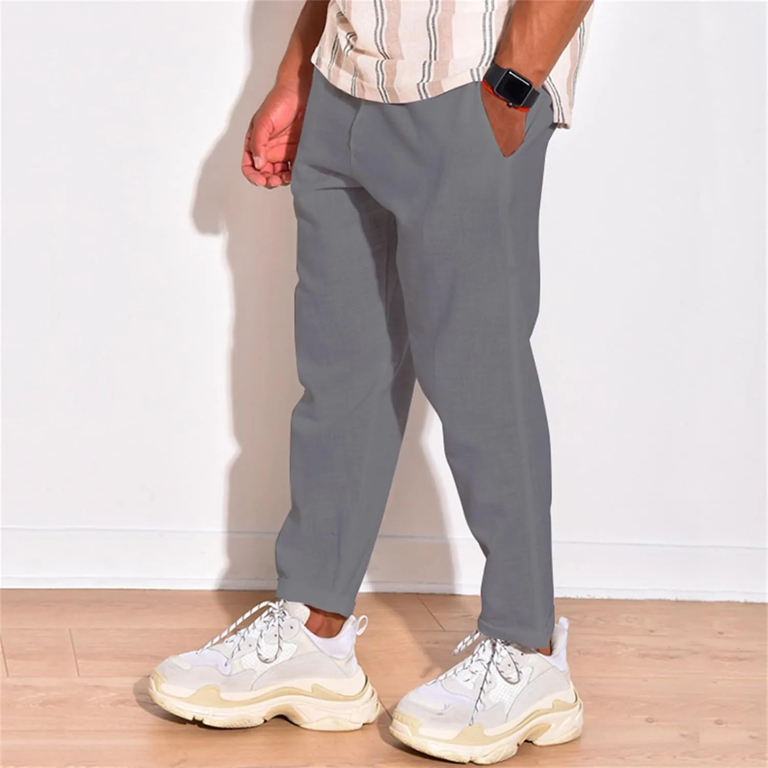 Cotton Linen Pants for Men Straight Legs Elastic Waist Casual Lightweight Regular Fit Pants Outdoor Business Trousers