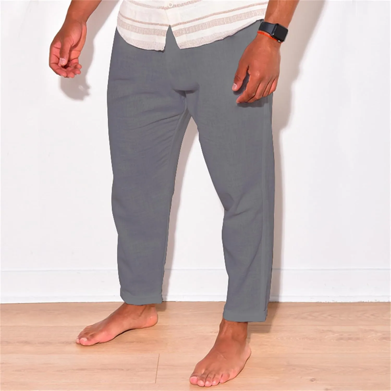 Cotton Linen Pants for Men Straight Legs Elastic Waist Casual Lightweight Regular Fit Pants Outdoor Business Trousers