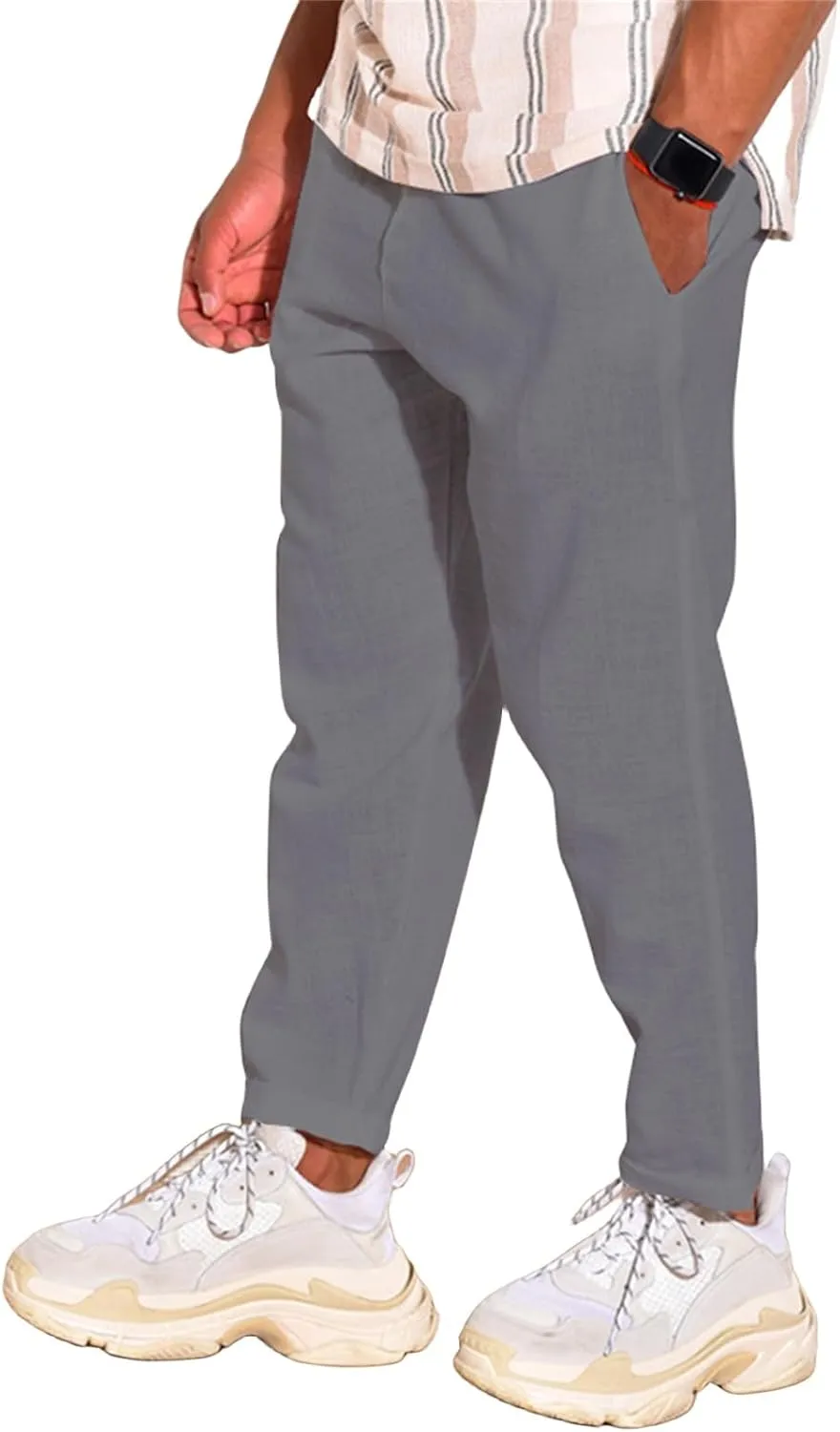 Cotton Linen Pants for Men Straight Legs Elastic Waist Casual Lightweight Regular Fit Pants Outdoor Business Trousers