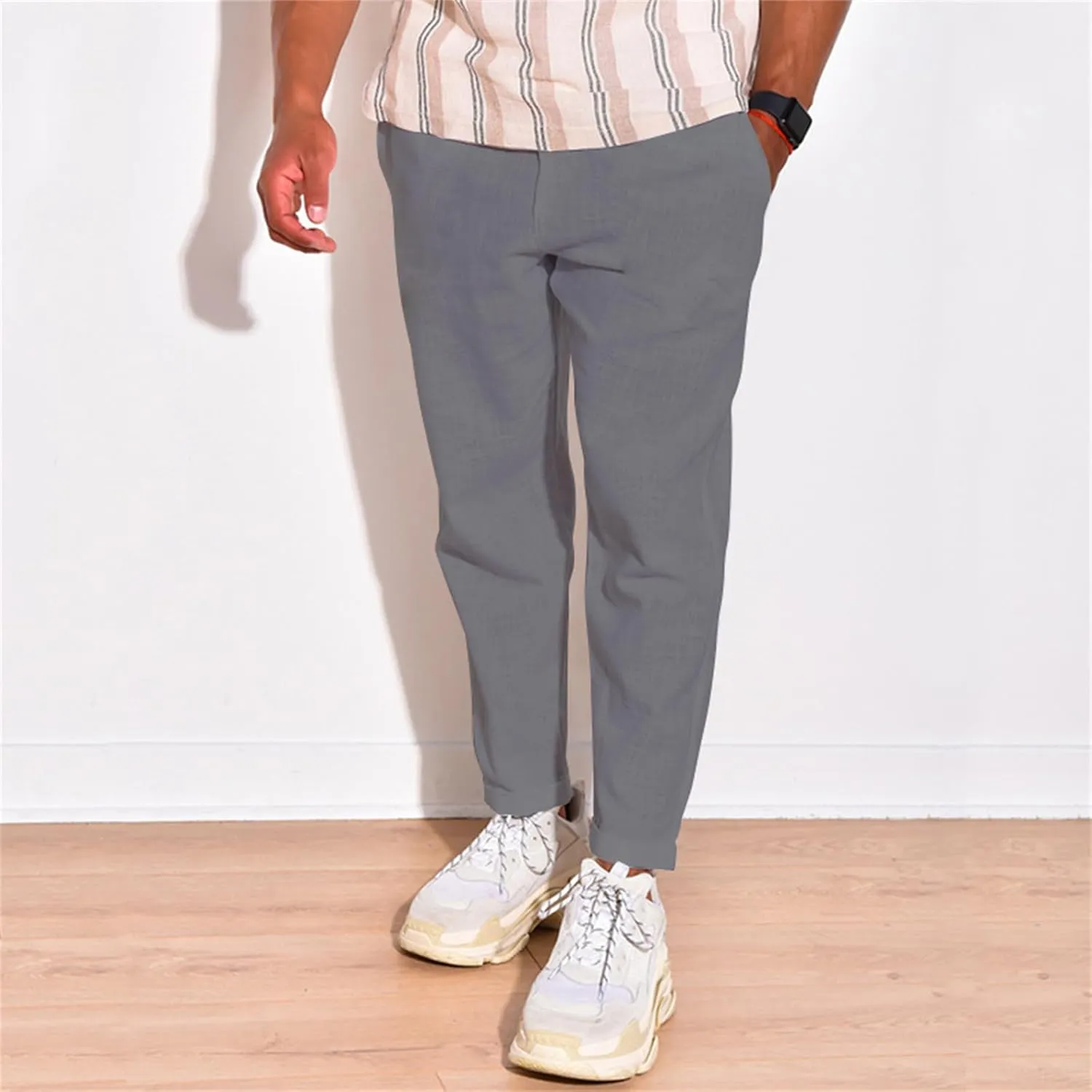Cotton Linen Pants for Men Straight Legs Elastic Waist Casual Lightweight Regular Fit Pants Outdoor Business Trousers