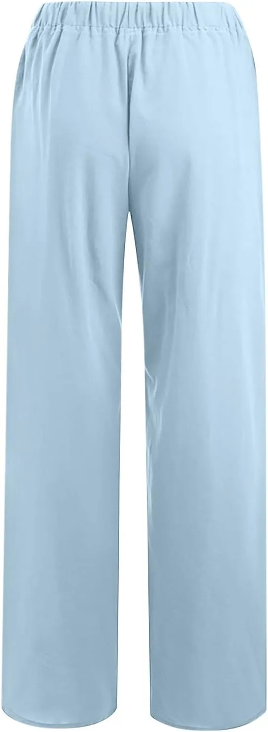 Cotton Linen Pants for Women 2024 Summer Comfy Loose Drawstring High Waist Pants Lightweight Vacation Beach Trousers