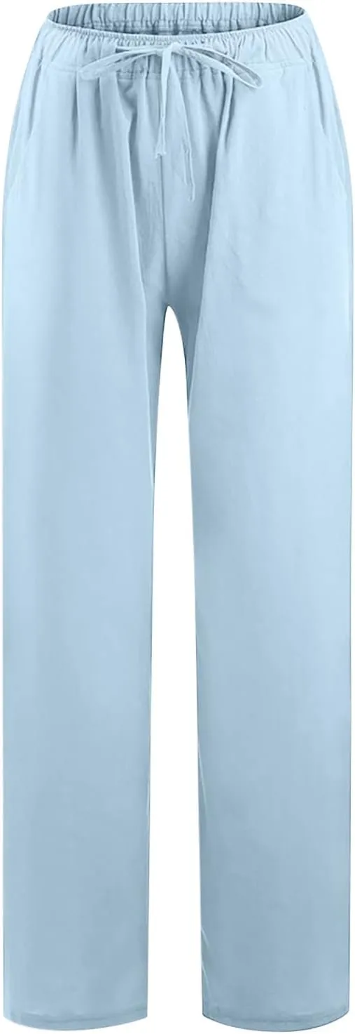 Cotton Linen Pants for Women 2024 Summer Comfy Loose Drawstring High Waist Pants Lightweight Vacation Beach Trousers