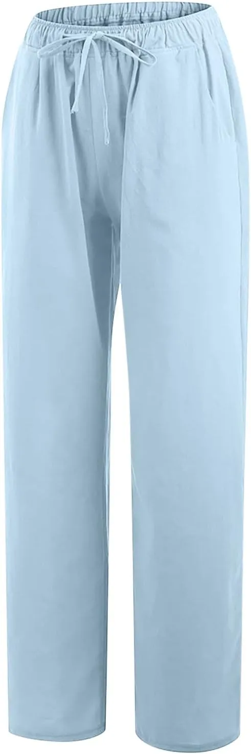 Cotton Linen Pants for Women 2024 Summer Comfy Loose Drawstring High Waist Pants Lightweight Vacation Beach Trousers