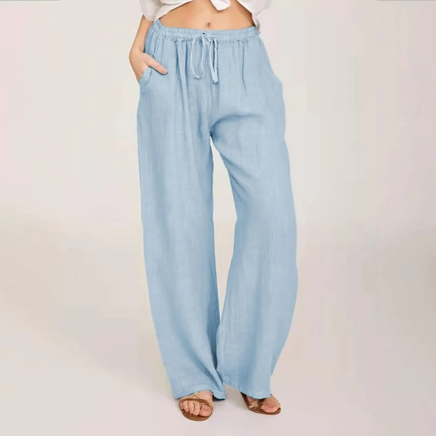 Cotton Linen Pants for Women 2024 Summer Comfy Loose Drawstring High Waist Pants Lightweight Vacation Beach Trousers