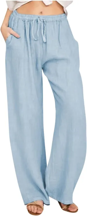 Cotton Linen Pants for Women 2024 Summer Comfy Loose Drawstring High Waist Pants Lightweight Vacation Beach Trousers