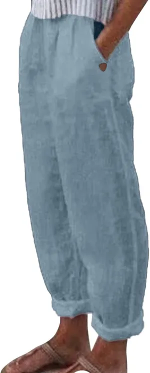 Cotton Linen Pants for Women Loose Fit Summer Baggy Elastic Waist Trouser Wide Leg Cargos Work Pants with Pocket